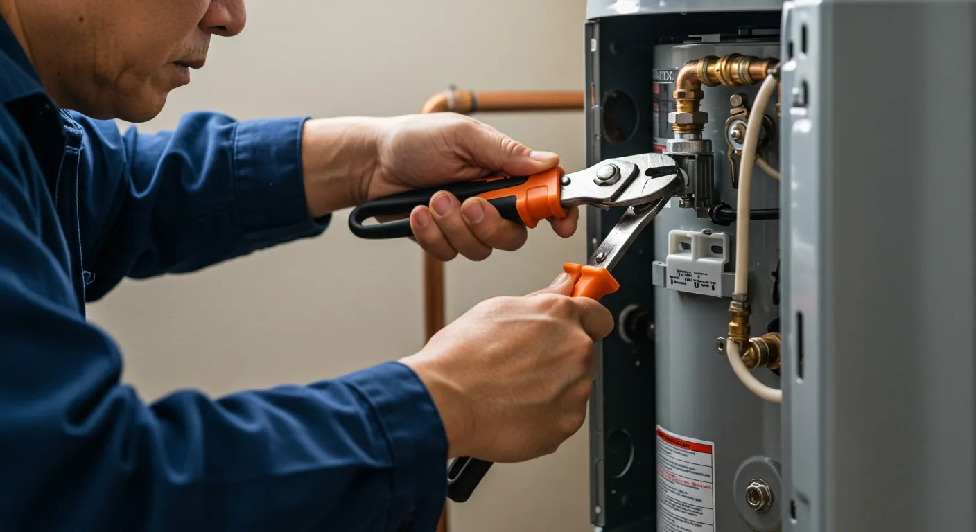 Plumber tightening a valve on a water heater.