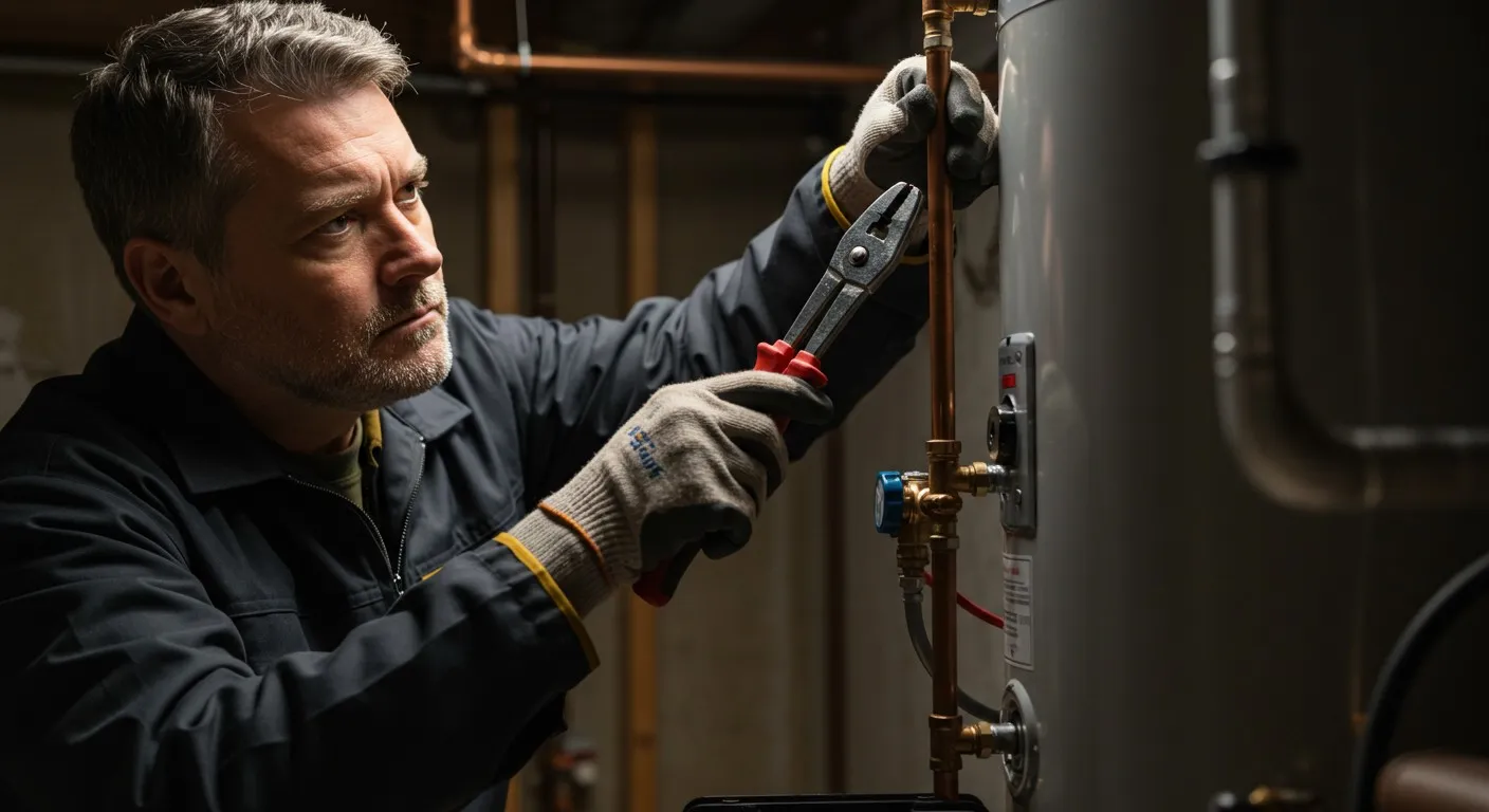 Plumber tightening copper pipes on a water heater.