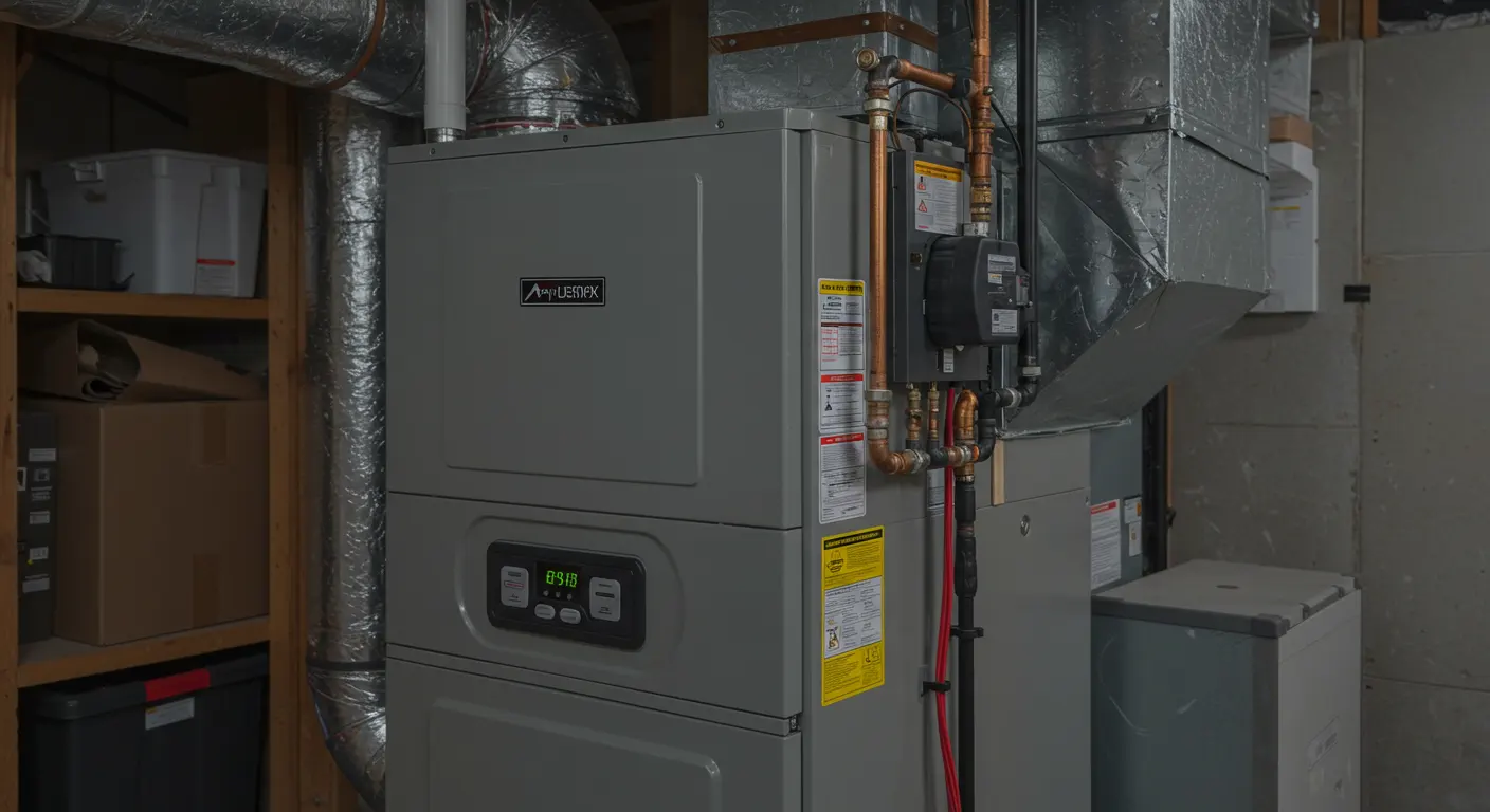  A new, gray furnace replacement unit is installed in a basement, connected to existing ductwork, copper piping, and a small control panel displaying a digital readout. 