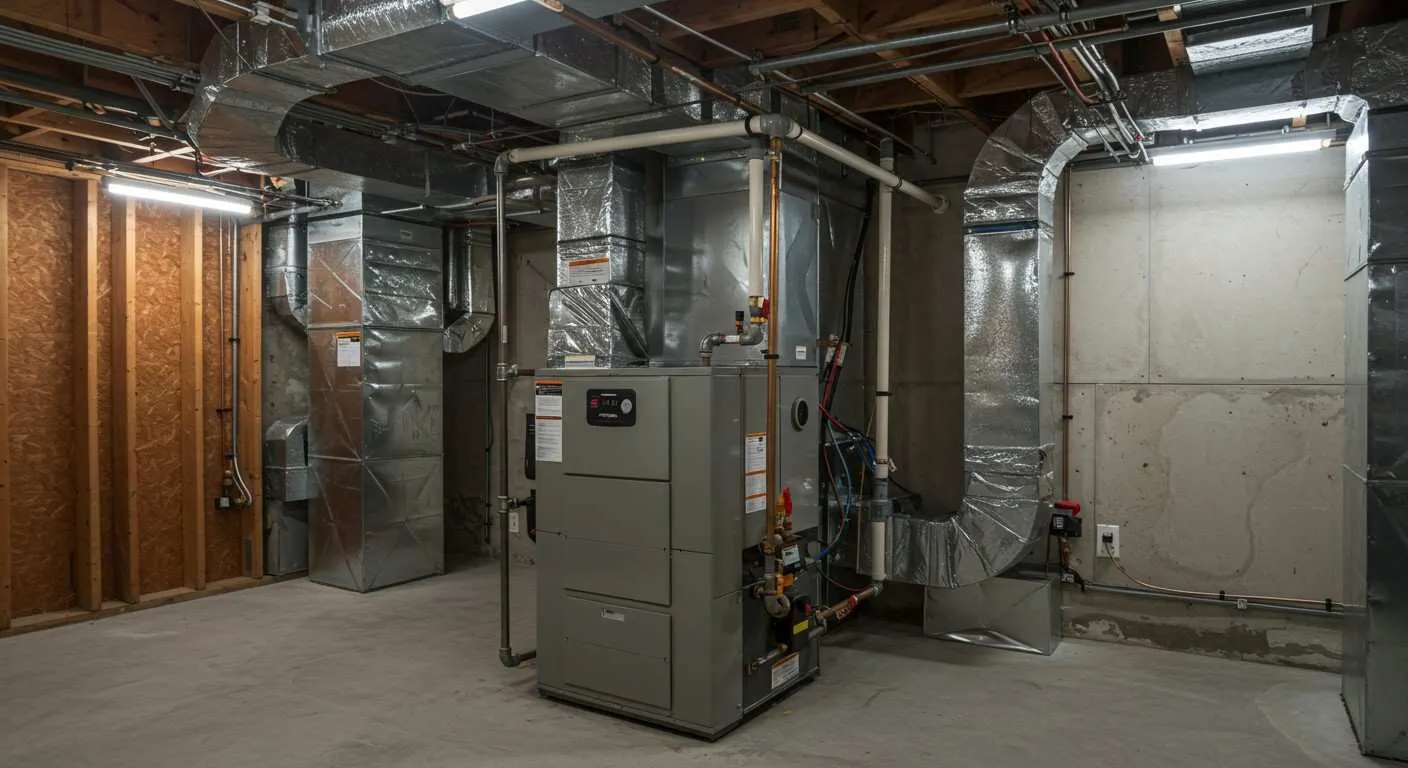  A wide shot of a clean, well-lit basement shows a new, modern furnace unit connected to extensive silver metal ductwork and piping running across the ceiling.