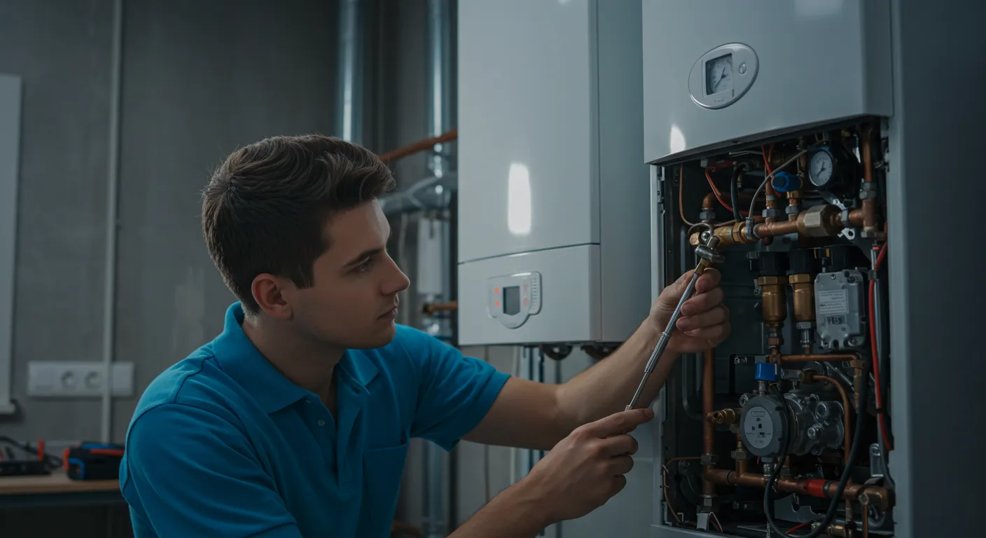  A young HVAC or plumbing technician in a blue polo shirt is focused on performing heater services on a modern, white boiler unit. The side panel of the unit is open, revealing a complex arrangement of copper piping, gauges, and valves, which the technician is adjusting with a tool.