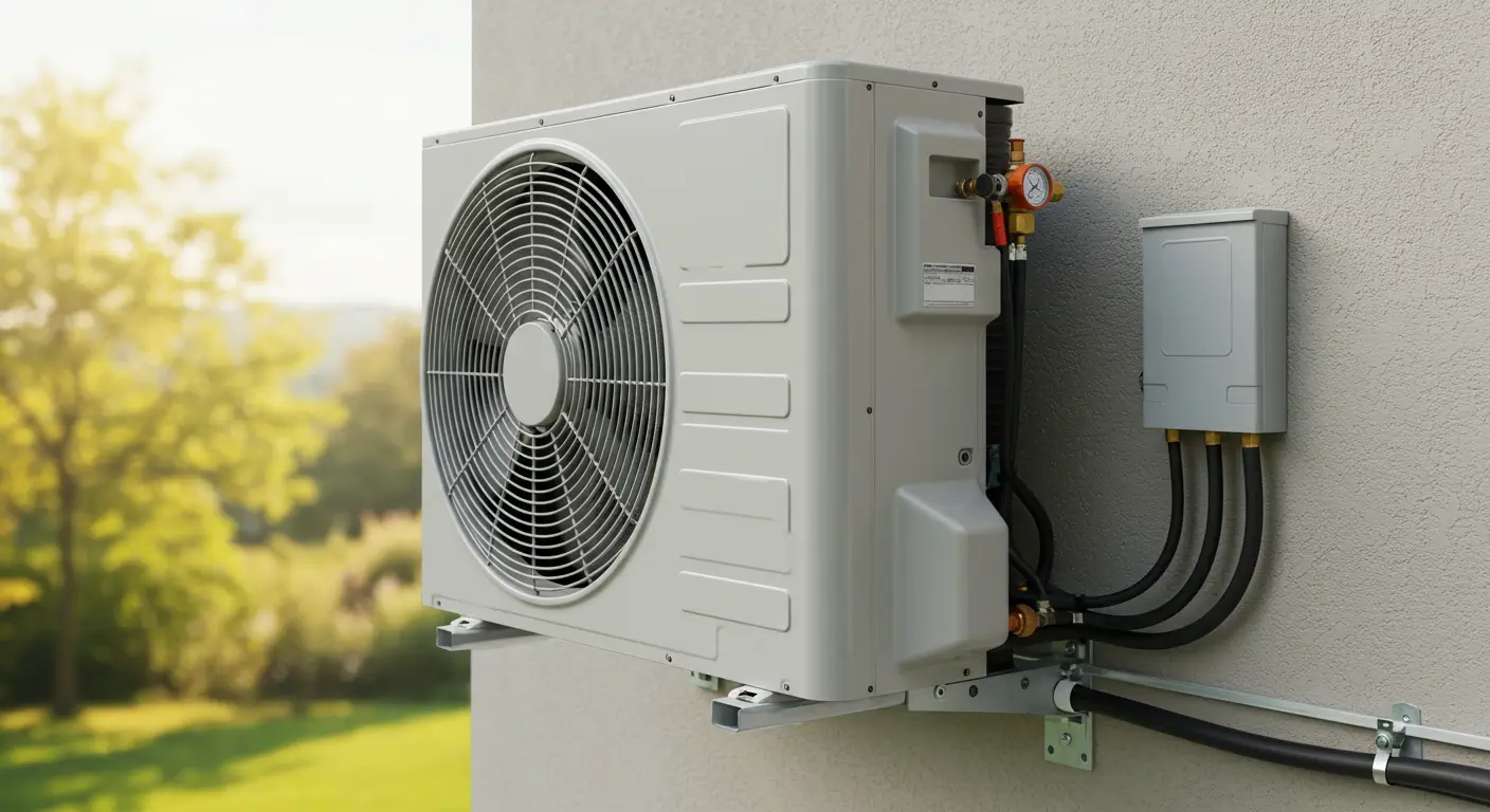 A white, wall-mounted heat pump or mini-split outdoor unit is professionally installed on a gray exterior wall.