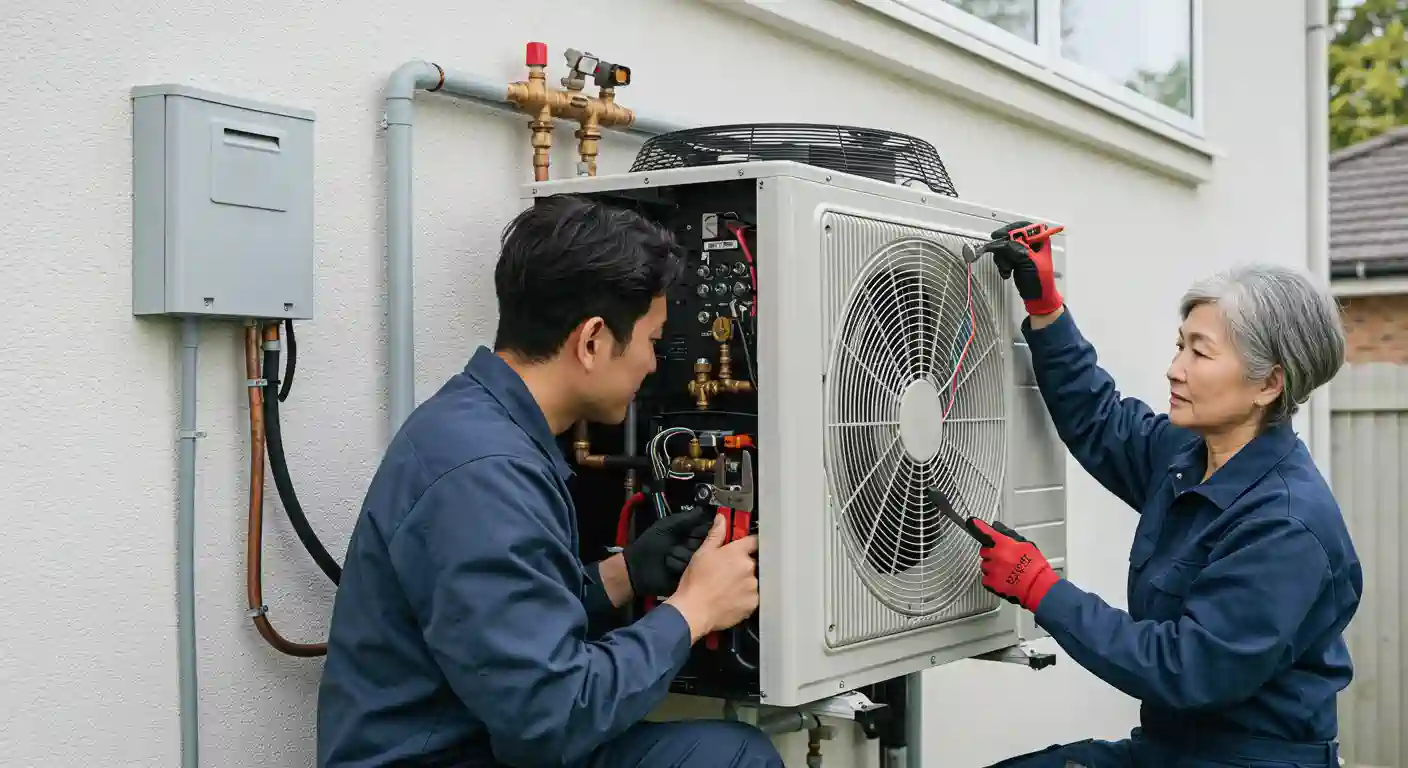 Two skilled HVAC technicians, a younger man and an older woman, are collaborating on the installation or repair of an outdoor heat pump unit. They are both wearing blue work clothes and gloves, focused on the unit's internal wiring and components, which are connected to a gray junction box on a white exterior wall.