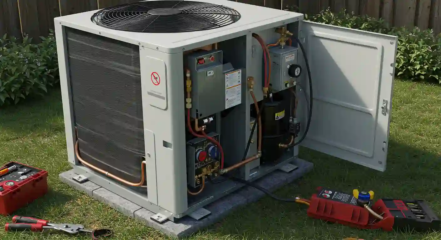 A large, white outdoor heat pump or air conditioner unit is shown with its access panel open, exposing the internal compressor, coils, and piping. The unit is sitting on a paved slab in a grassy area, with refrigerant gauges and tools laid out, indicating ongoing heat pump repair services.