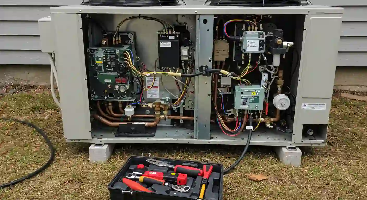  An outdoor heat pump or AC condenser unit has its panels removed, exposing the complex internal components, including the circuit boards, copper tubing, and wiring. The unit sits on concrete blocks in a grassy area, with a black toolbox full of red-handled tools in the foreground, indicating heat pump repair is underway.