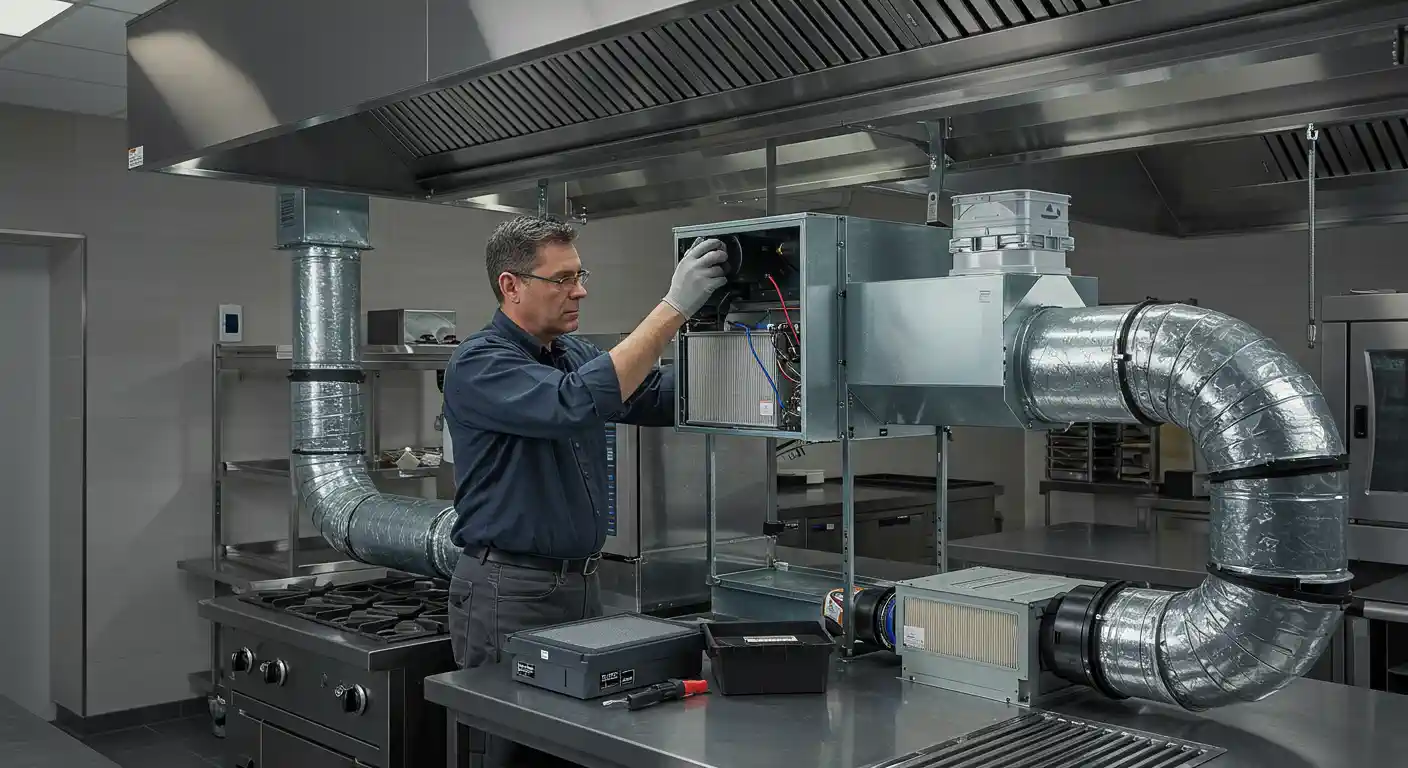  A service technician in grey gloves and a dark blue shirt is installing or maintaining an Indoor Air Quality (IAQ) system in a commercial kitchen.