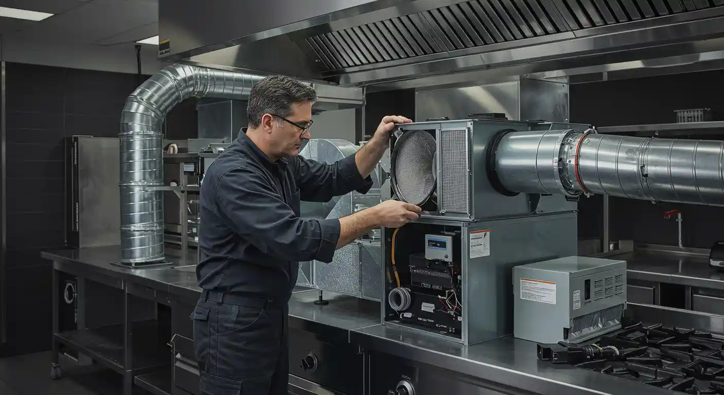  A man in a black uniform is installing or servicing an Indoor Air Quality (IAQ) product in a commercial kitchen setting. The device is connected to large metal ductwork, likely part of an HVAC or ventilation system. He is working with the front panel open, revealing internal components.