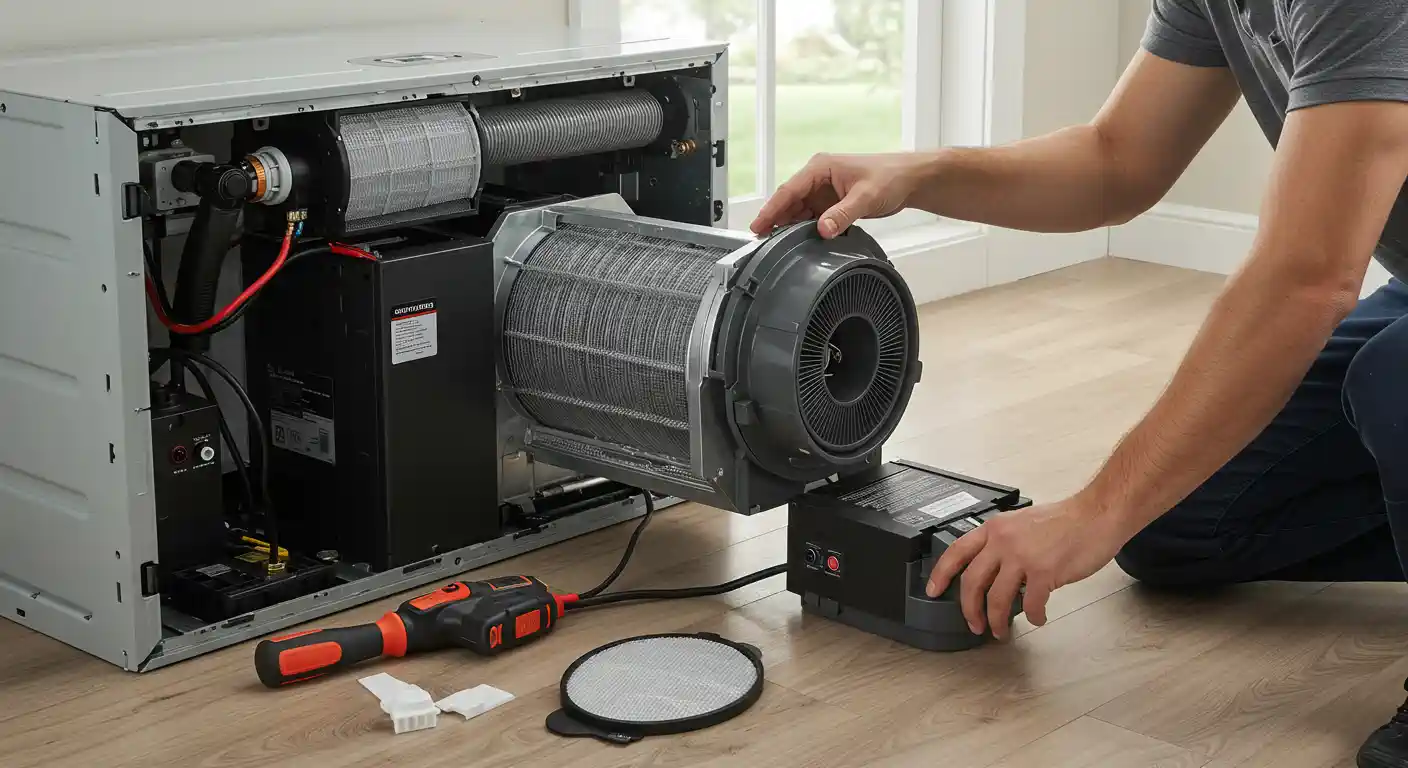 A close-up image shows a man servicing an Indoor Air Quality (IAQ) product, likely an air purifier or humidifier, with its side panel removed. He is holding a cylindrical filter and fan assembly that has been partially pulled out of the unit. A screwdriver and a small, round filter screen are on the light wood floor next to the device.