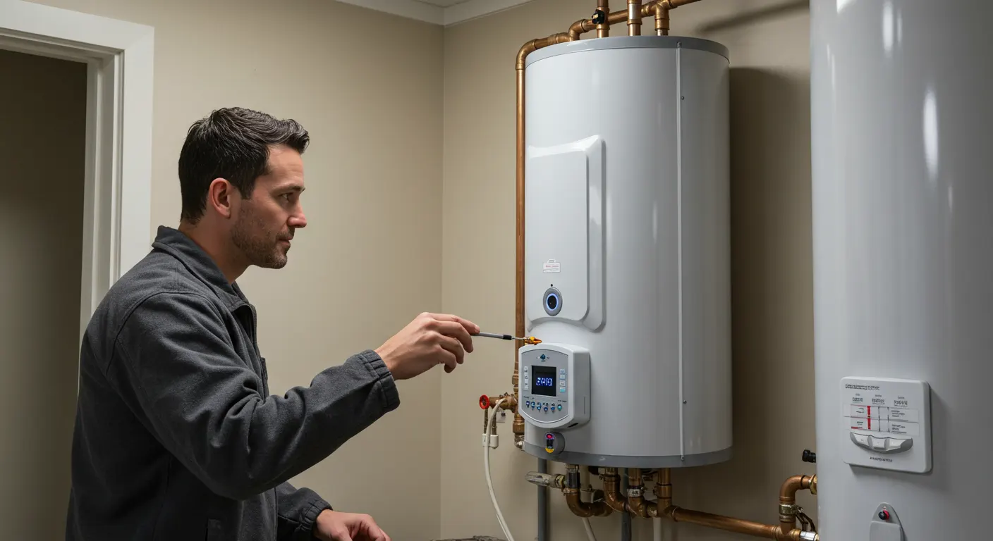  A male technician in a dark grey jacket is servicing a light grey, high-efficiency water heater in a utility room. He is using a small tool, likely a screwdriver or probe, on the digital control panel of the unit. 