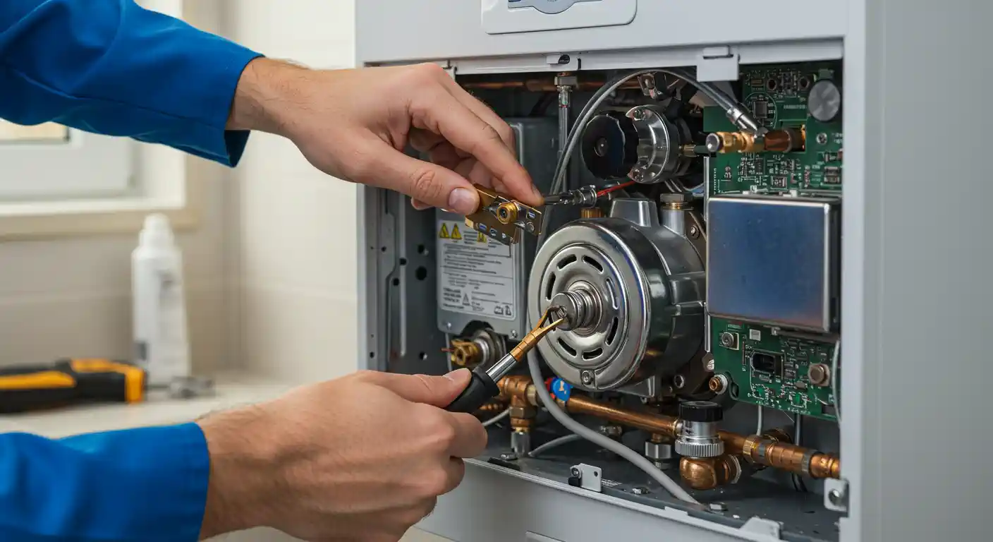  A close-up image shows a technician in a blue uniform performing maintenance on a wall-mounted tankless water heater or combi-boiler. The front panel is open, revealing the intricate internal components. The technician is using a screwdriver to adjust or remove a small part near the central mechanism while holding another small brass component in his other hand.