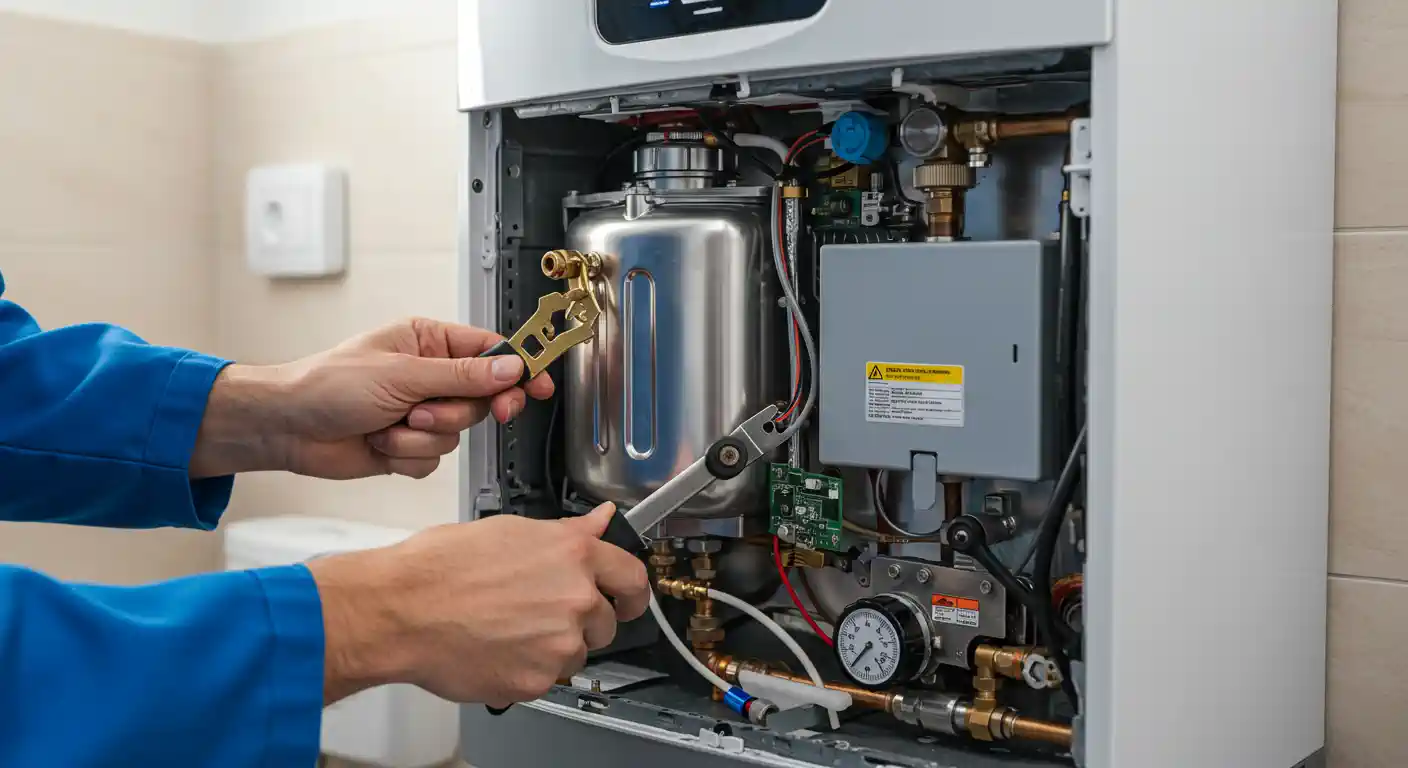 A close-up image shows a technician in a blue uniform performing maintenance on a wall-mounted tankless water heater or combi-boiler. The front cover is open, revealing a stainless steel heat exchanger tank and various components. The technician is using a wrench to tighten or loosen a brass fitting he is holding in his left hand.