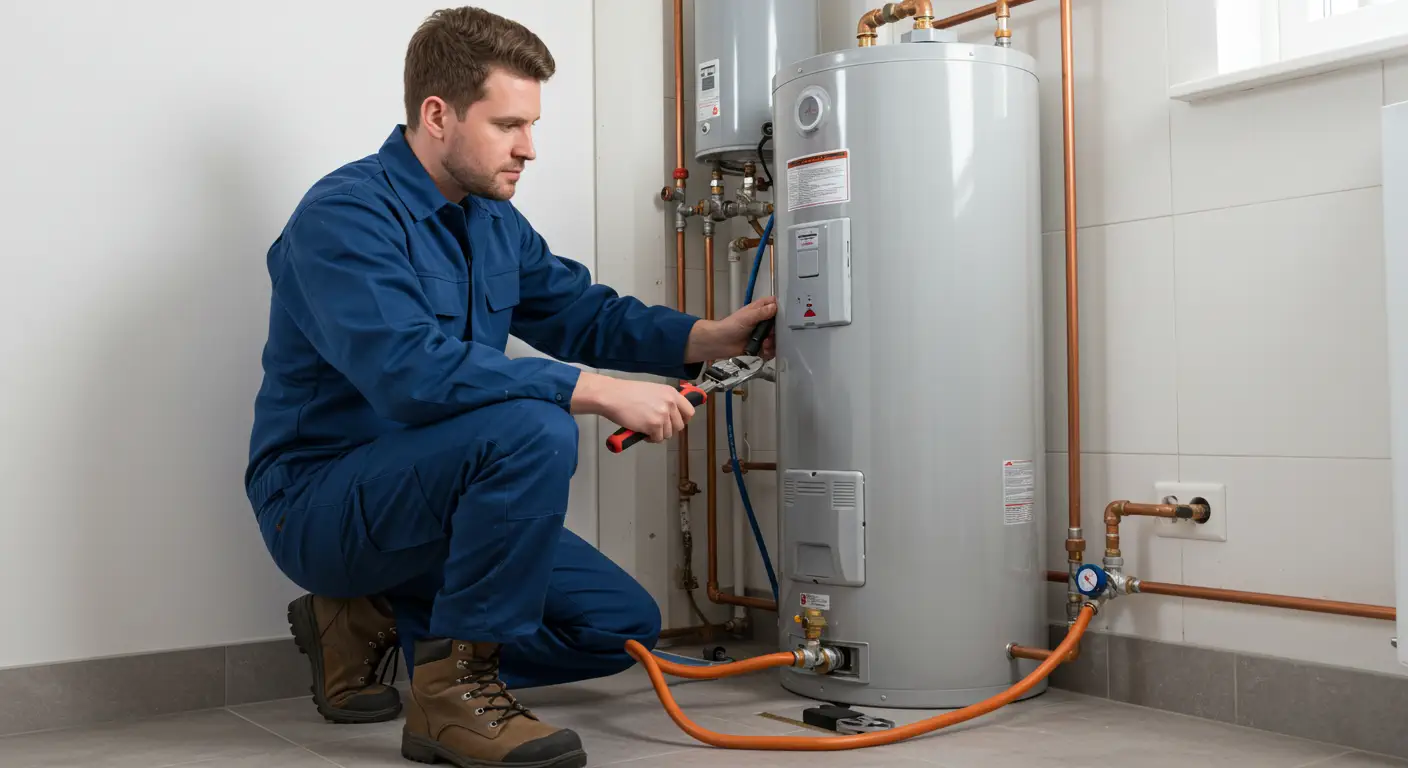 A male plumber or technician in a blue jumpsuit and work boots is crouched down, servicing a large, cylindrical water heater in a utility room with white tiled walls. He is using a pair of pliers or a wrench to work on the unit's front control panel. An orange flexible hose is connected to the plumbing at the base of the tank, with copper piping running vertically and horizontally on the walls.