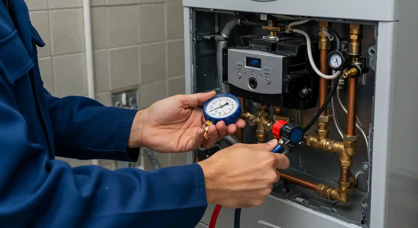  A close-up image shows a technician in a blue uniform performing service or repair on a wall-mounted water heater or boiler. 