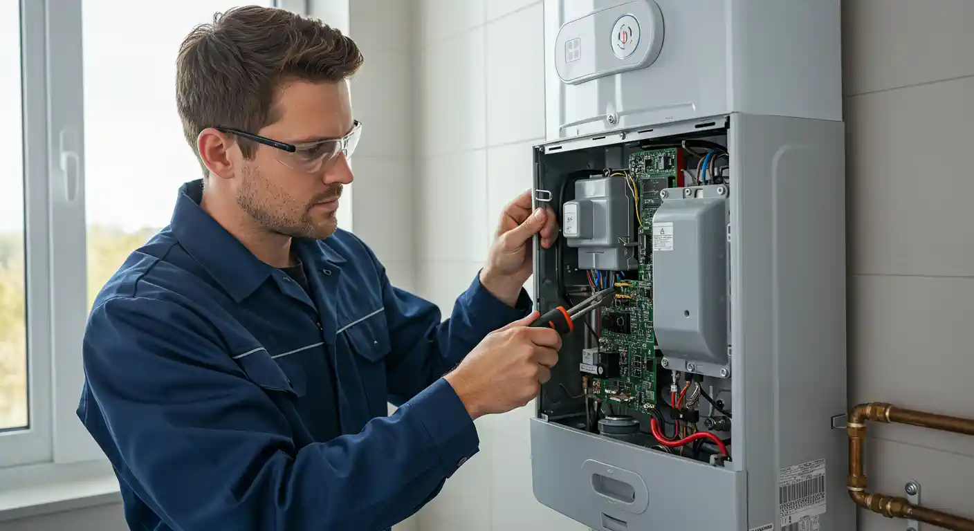 A male technician in safety glasses and a dark blue jumpsuit is servicing a wall-mounted water heater or boiler. The front panel is open, revealing a circuit board and other electronic components. He is using a screwdriver to work on the wiring or a component on the board. The unit is installed near a window with copper piping visible below.