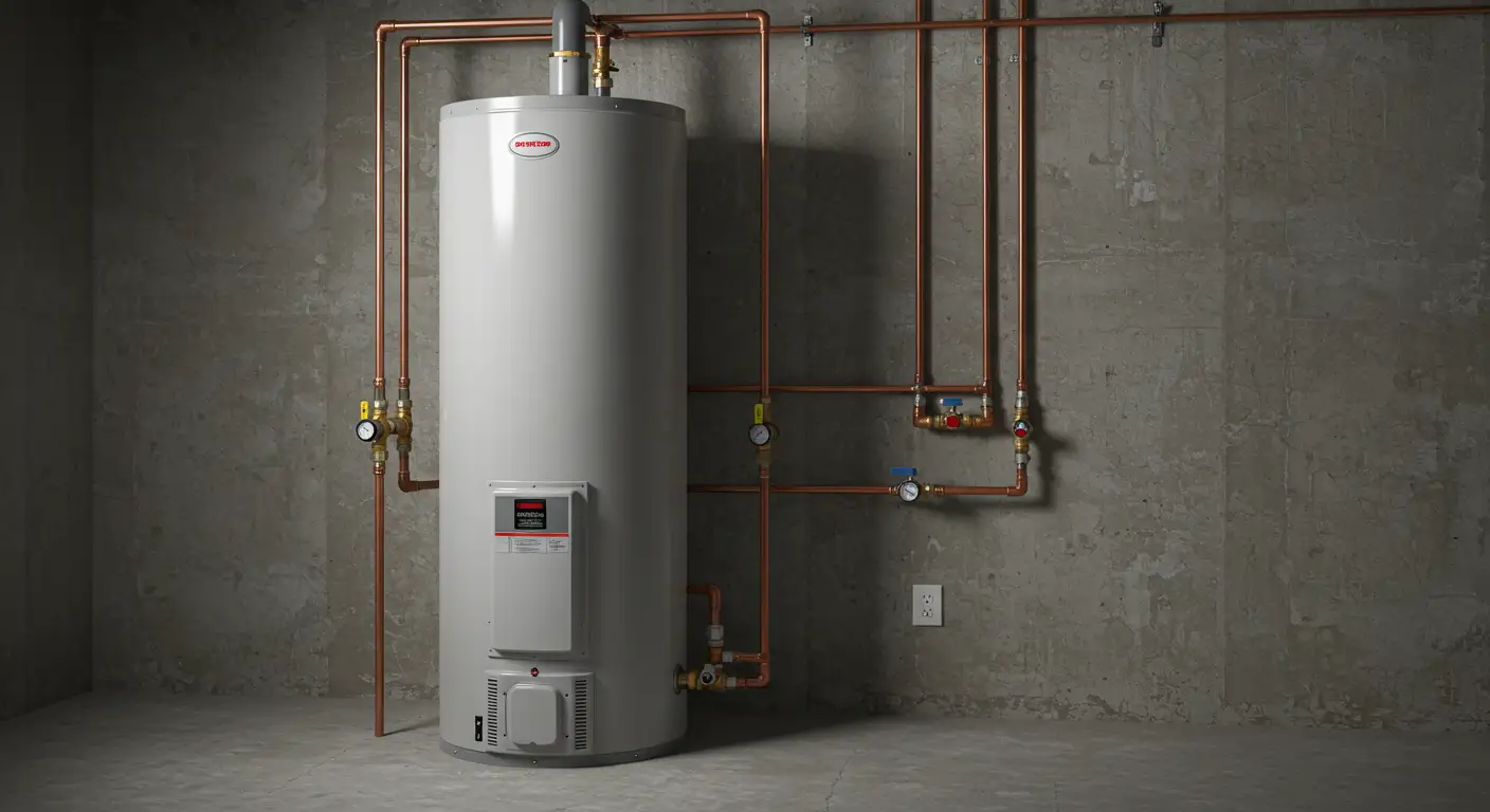  A large, modern, cylindrical water heater is installed in a utility space with concrete walls and floor. The unit is centered in the frame, connected by extensive, exposed copper piping that runs along the wall, featuring several valves and gauges. The installation appears new and professional, with a control panel visible near the base.
