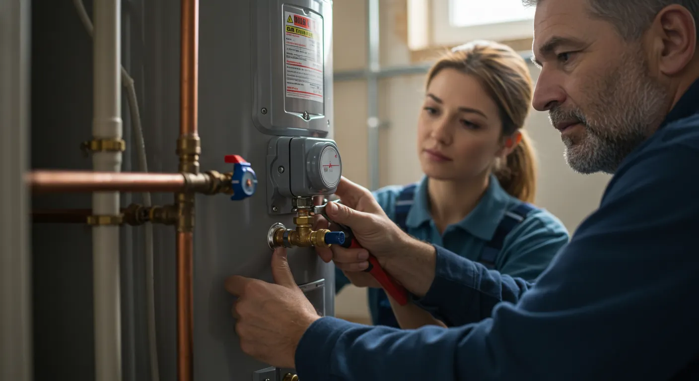 A close-up image shows two plumbers/technicians working together to install or service a water heater. An older man in the foreground is tightening a brass fitting on the side of the unit with a red-handled tool, while a younger woman in blue overalls looks on, observing or assisting. The water heater is connected to copper and white plastic piping.