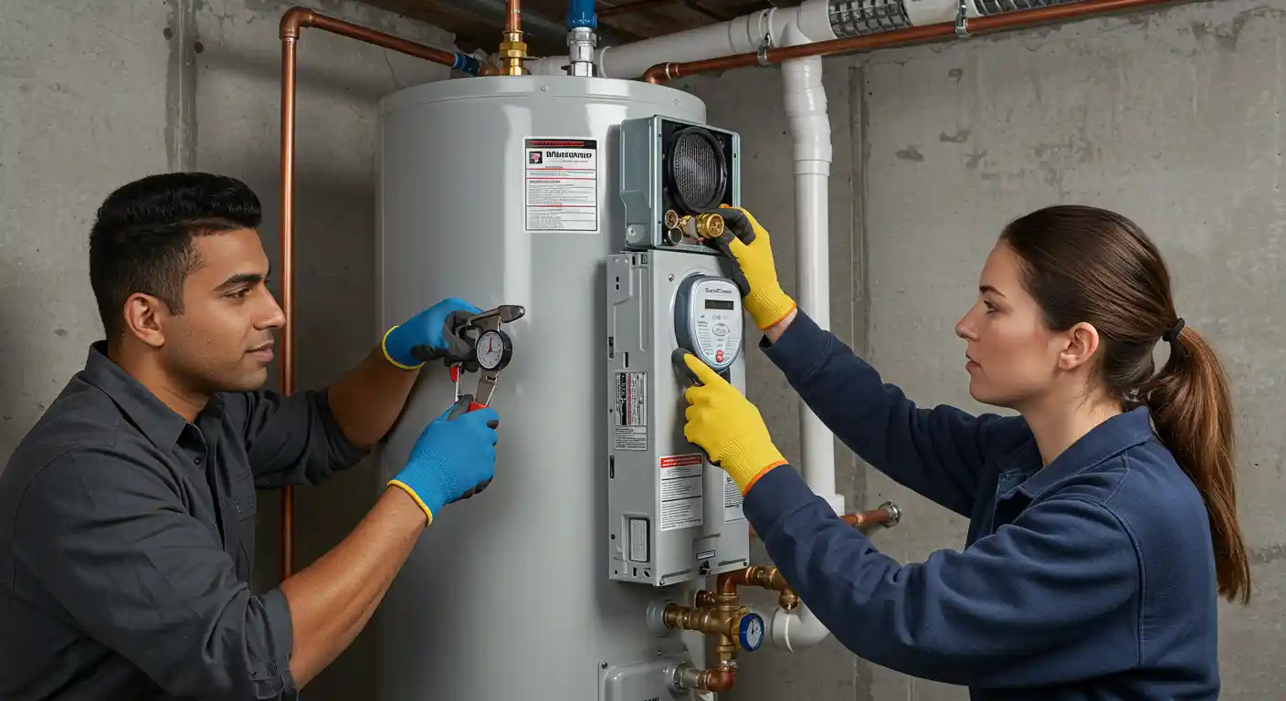Two service technicians are installing or servicing a modern, cylindrical water heater in a utility room with concrete walls.