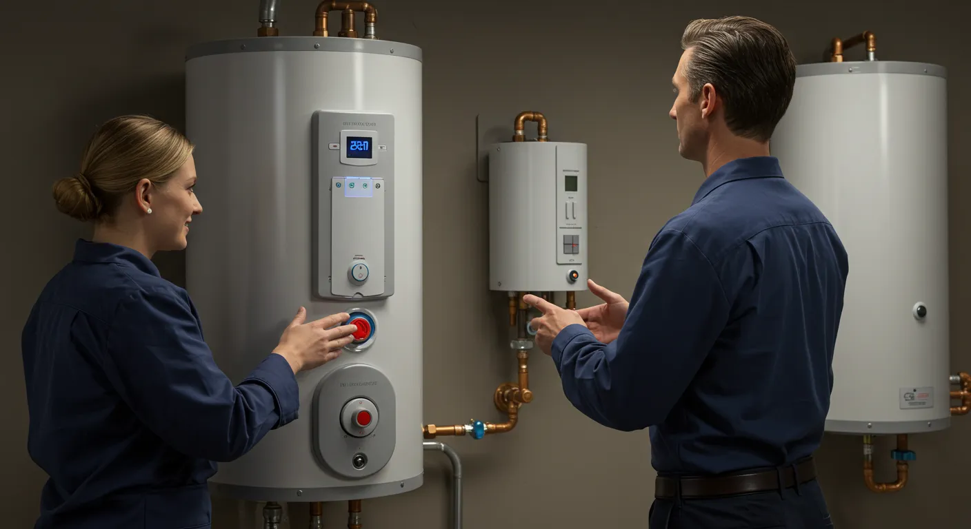  Two technicians in dark blue uniforms are servicing a modern commercial water heater system in a utility room. 