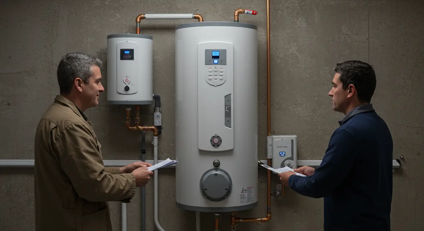  Two men, likely a technician and a customer or colleague, are facing each other while discussing a commercial or high-capacity residential water heating system in a utility room with concrete walls. The system consists of a large, modern cylindrical water heater and a smaller, wall-mounted tank, both with digital controls. Both men are holding paperwork, and the entire setup is connected by exposed copper piping.