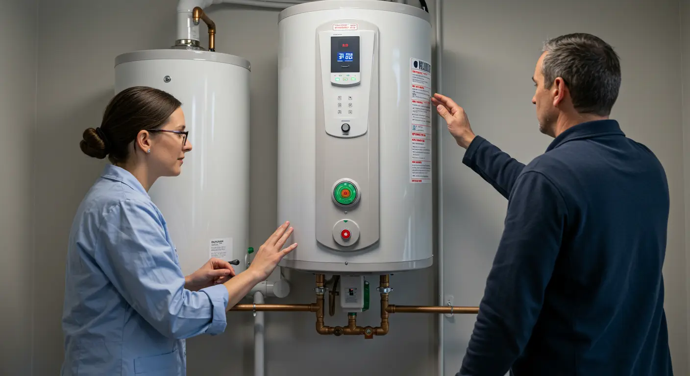 Two people, a female technician in a light blue shirt and a male colleague or customer, are examining a modern, high-efficiency water heater in a clean utility space.