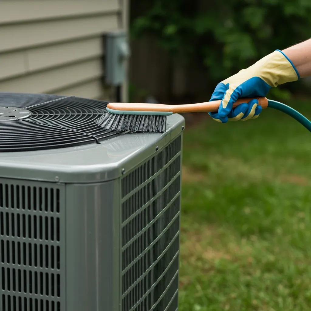 Person cleaning an outdoor HVAC unit to ensure efficient operation