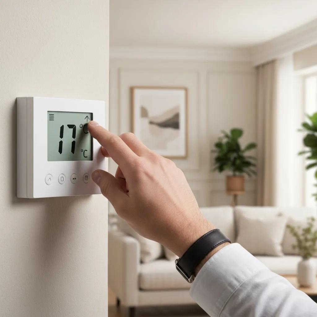 Close-up of someone adjusting a digital thermostat in a cozy home