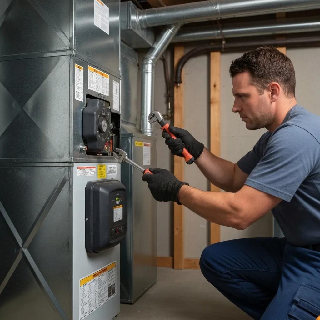 HVAC technician examining a furnace in a utility room for unusual sounds