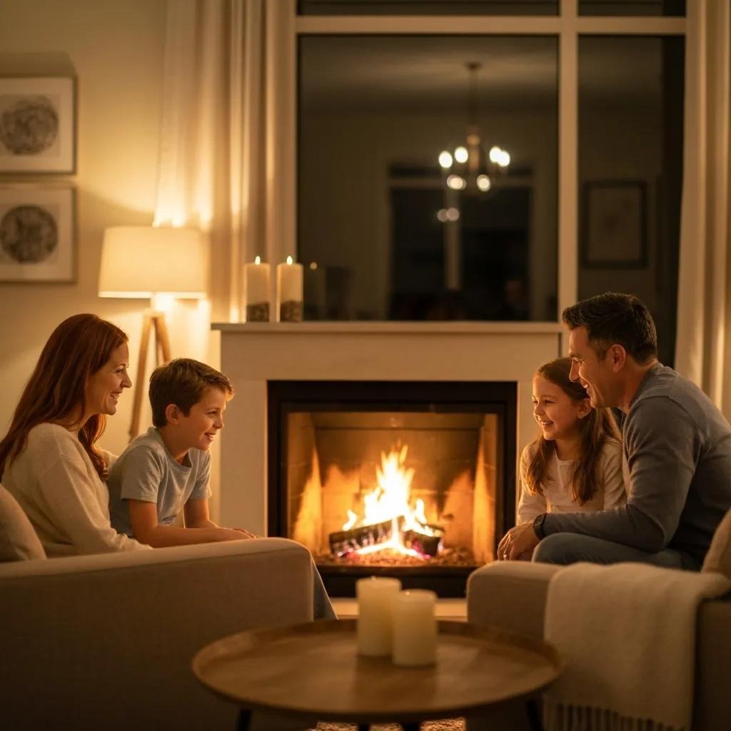 Family relaxed in a warm living room with a modern furnace visible in the background