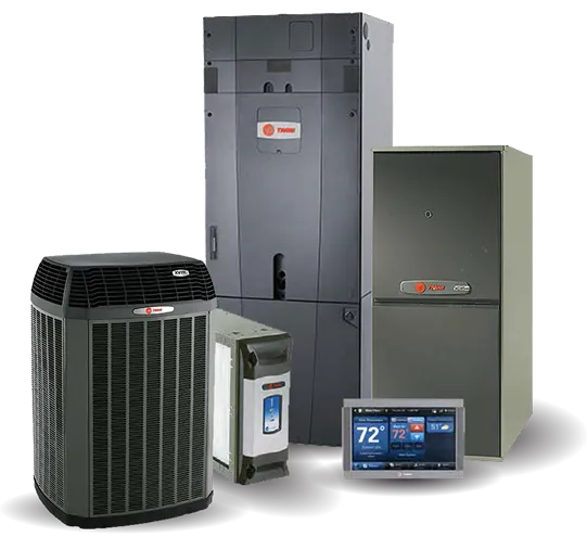Trane HVAC system with air conditioner, furnace, thermostat, and water heater