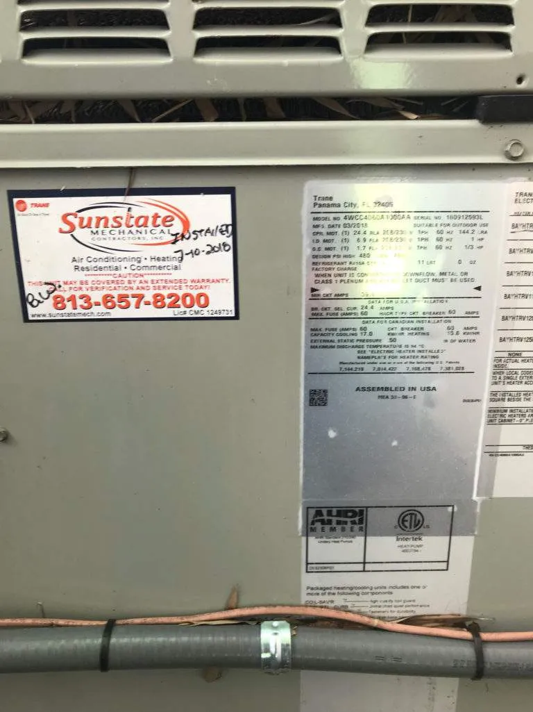 Sunstate HVAC unit with technical specifications and contact information