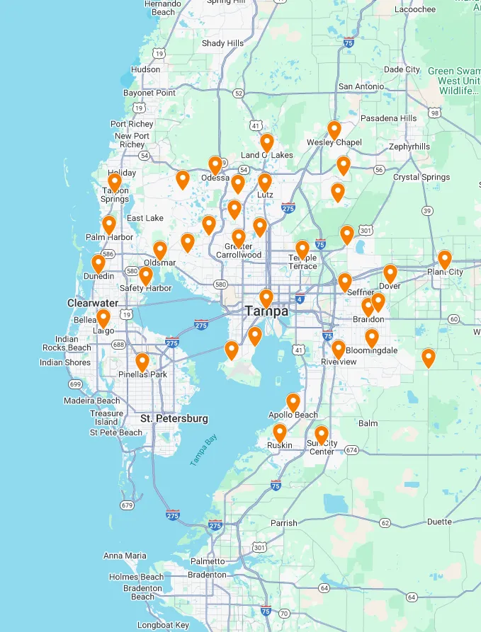 Map of Tampa Bay area with orange location pins across multiple cities