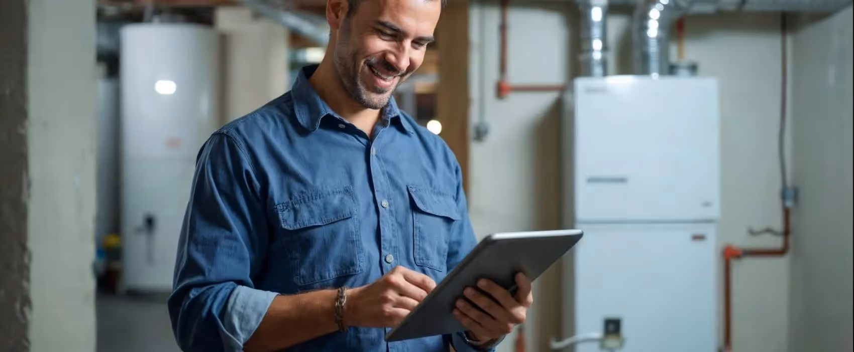 Smiling technician using tablet in mechanical room with water heaters
