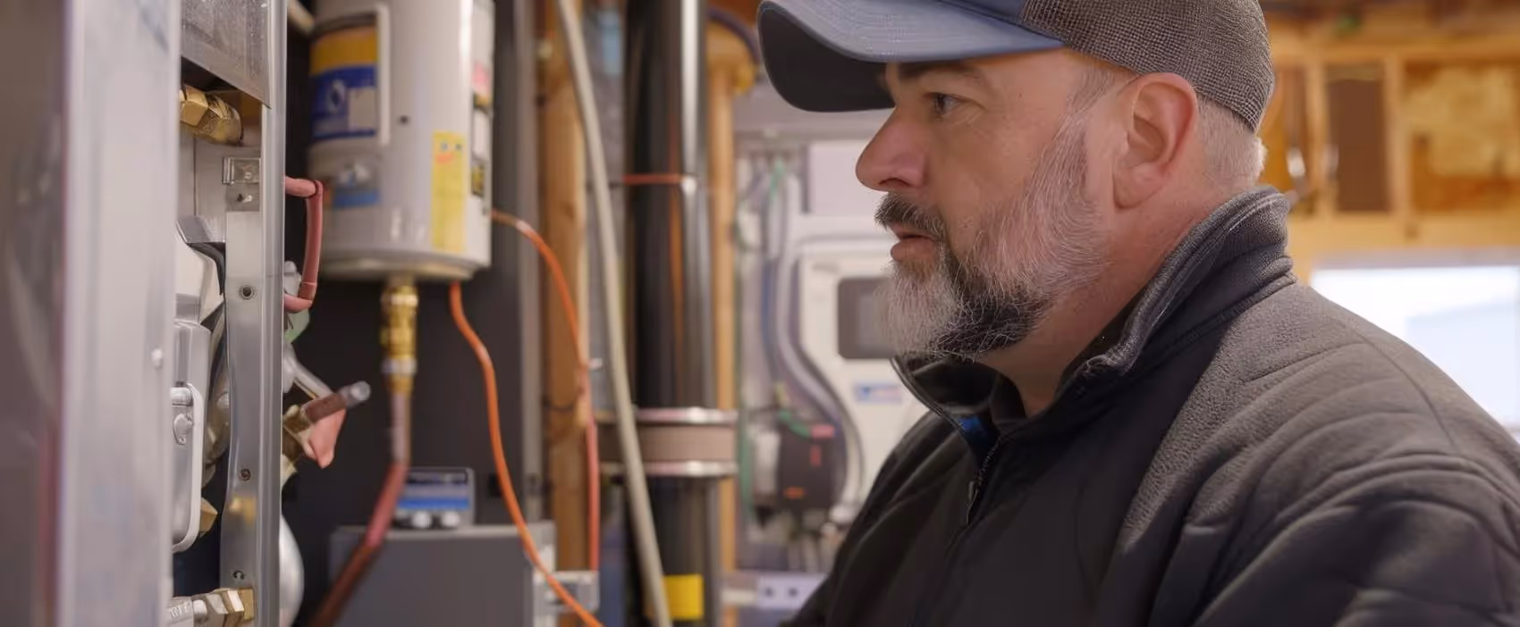 Technician in cap inspecting complex industrial equipment and electrical connections