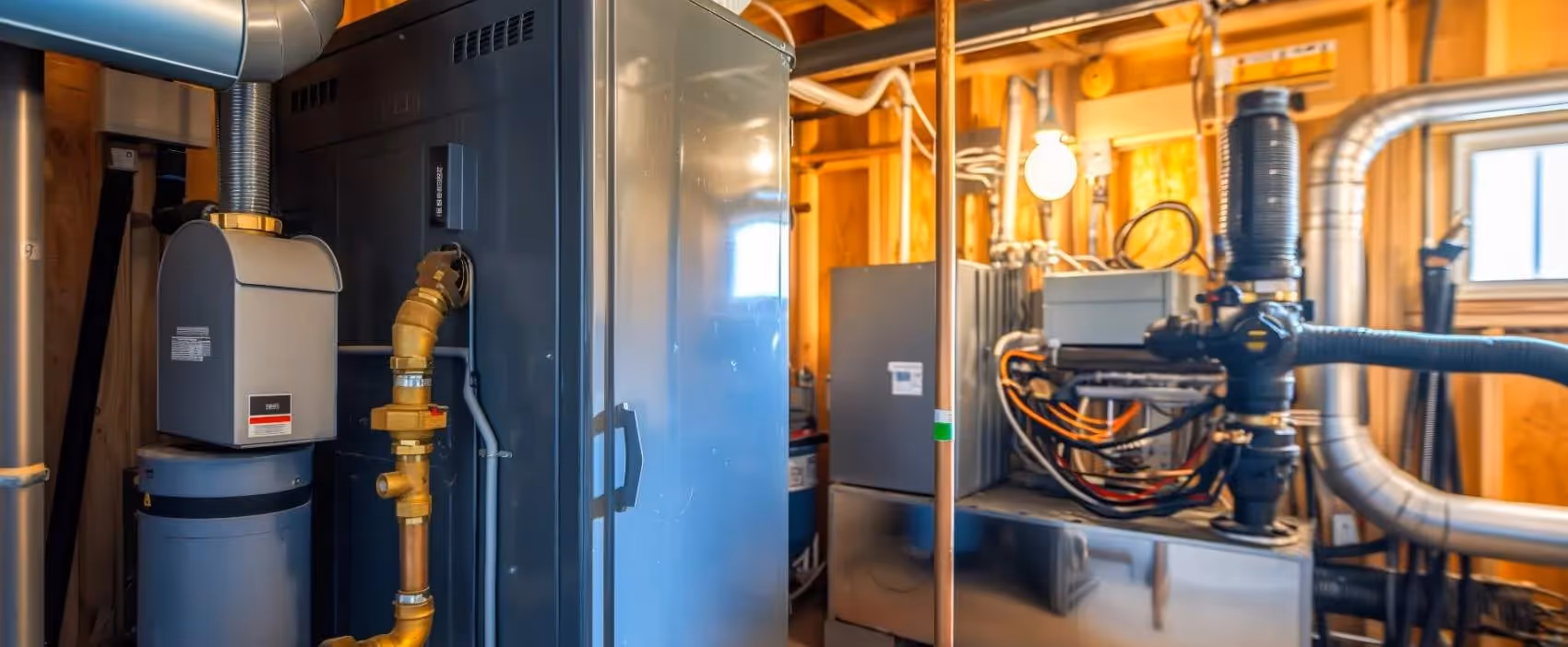 Mechanical room with water heater, pipes, and electrical equipment