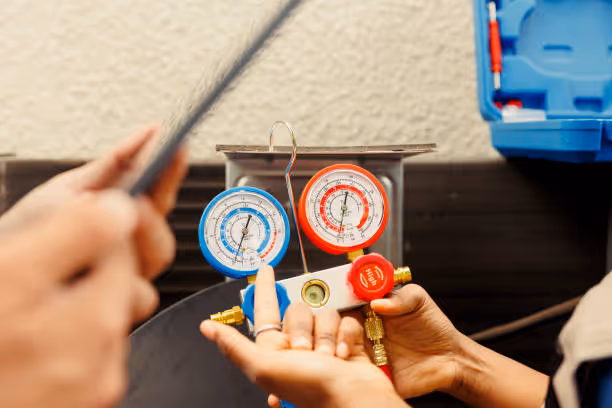 Technician holding pressure gauges for HVAC system maintenance
