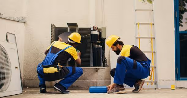 Two technicians in hard hats repair air conditioning unit outdoors