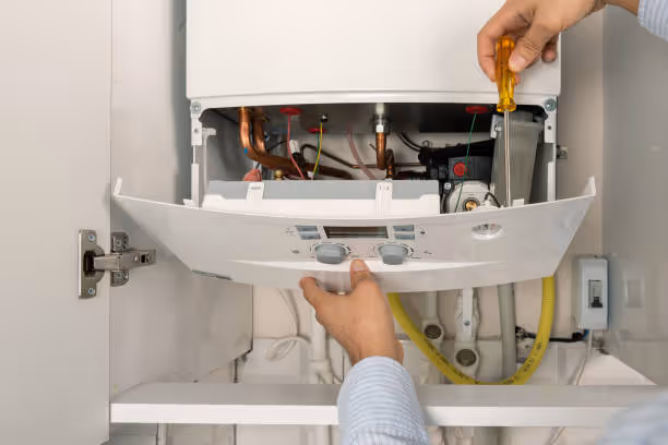 Technician repairing interior of white boiler or heating system