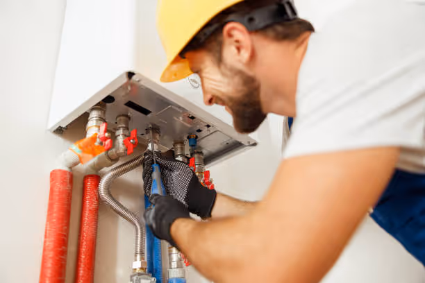Plumber in hard hat installing pipes and connections for water system