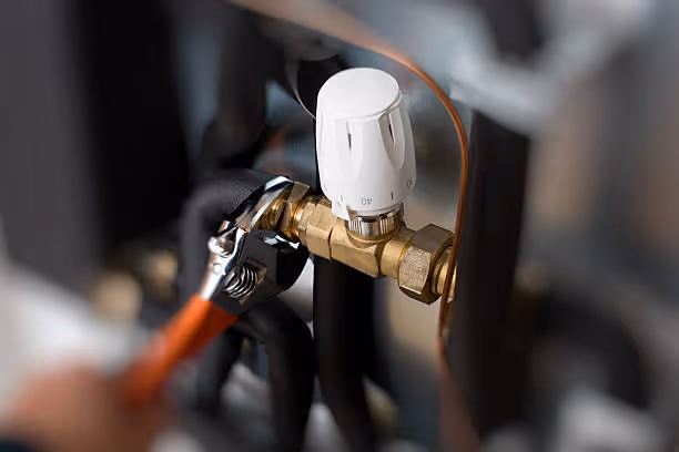 Brass valve and white thermostat knob on heating system piping