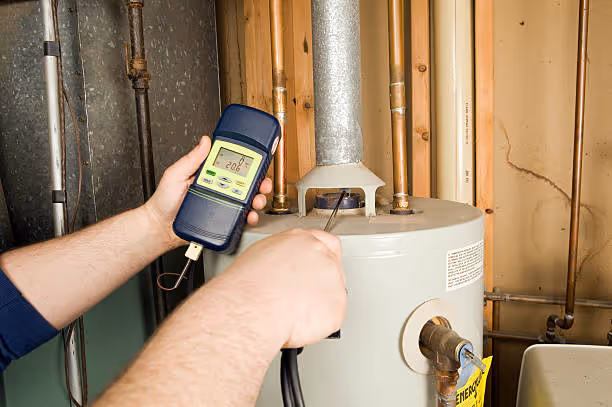 Technician using digital meter to check water heater temperature and performance