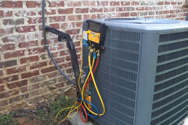 Air conditioning unit with colored service cables against brick wall