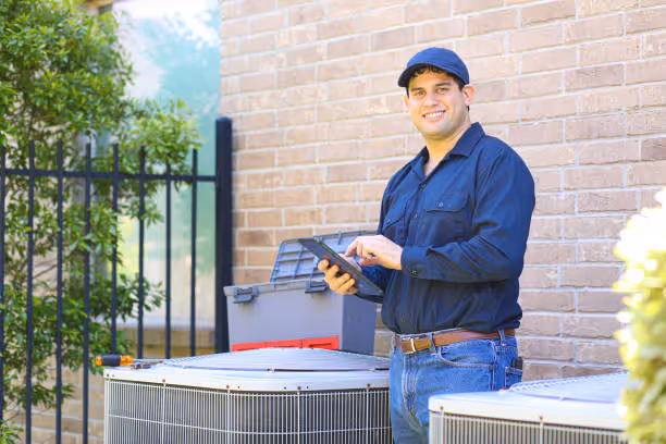 Smiling technician in blue uniform checking HVAC unit outside building