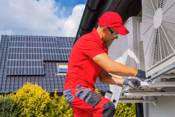 Technician in red uniform installing or repairing air conditioning unit