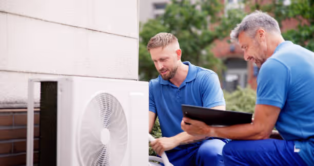 Two technicians checking an outdoor air conditioning unit together