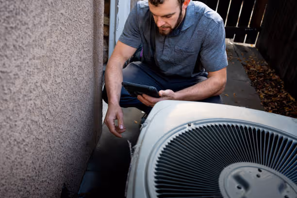 Technician checking HVAC unit with tablet near air conditioning system