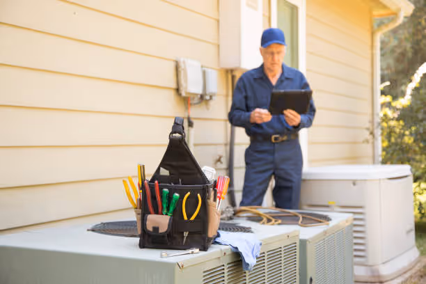 Technician checking air conditioning unit with tools and tablet outside