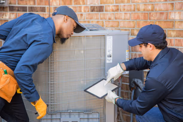 Two technicians checking and servicing an air conditioning unit outside