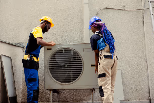 Two technicians in safety gear inspect a large air conditioning unit