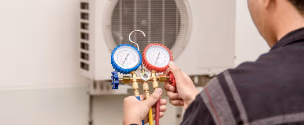 Technician checking air conditioning system with pressure gauge manifold