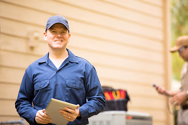 Smiling worker in blue uniform holding clipboard outside building